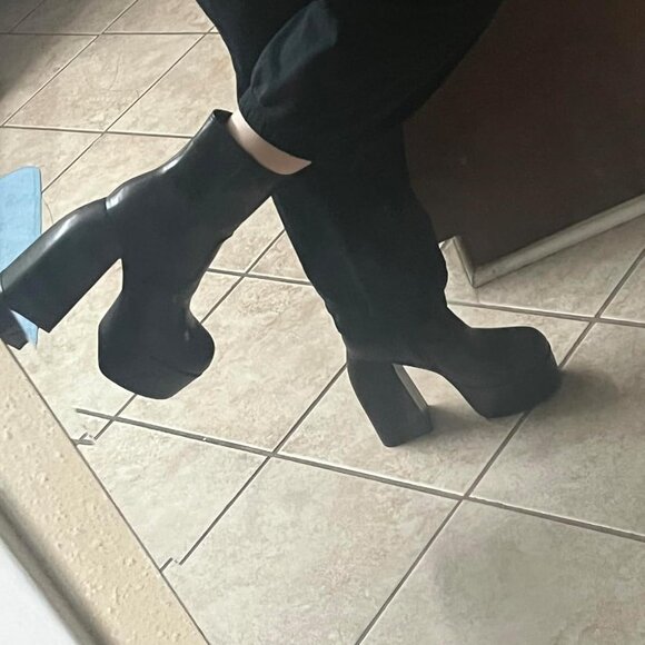 🆕Women B Black Pu Leather Chunky High Heel Sqaure Toe Side Zipper Boots - Picture 1 of 8